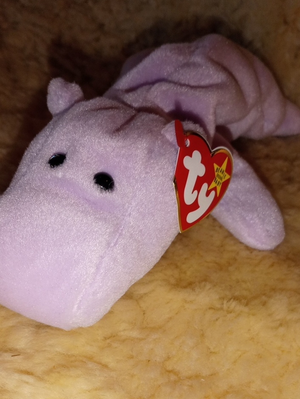 Ty Lilac Happy Hippo Beanie Baby Plush - Light Purple. PVC
